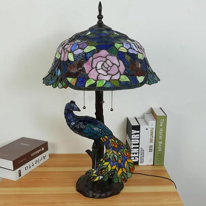 Large Tiffany Table Lamp 18" Wide Handmade Stained Glass Lamp Shade 3 Light Peacock Style Vintage Desk Light for Living Room Bedroom Bedside Reading Light,Blue Rose