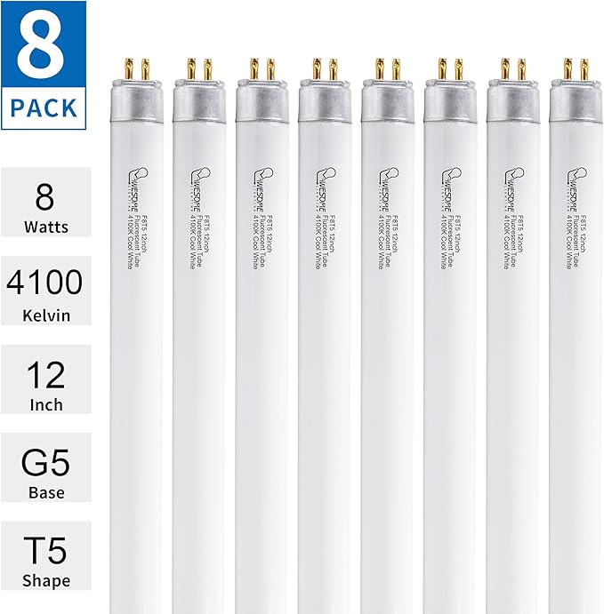 8 Pack 12 Inch F8T5/CW Fluorescent Light Bulb, 4100K Cool White, T5 8 Watts Fluorescent Replacement Bulb for Counter and Cabinet Fixture, G5 Base