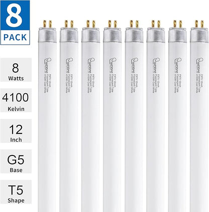 8 Pack 12 Inch F8T5/CW Fluorescent Light Bulb, 4100K Cool White, T5 8 Watts Fluorescent Replacement Bulb for Counter and Cabinet Fixture, G5 Base