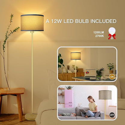 Gold Floor Lamp, Standing Lamp, Rustic Living Room Lamps with with Jute Shade, Foot Pedal Switch, Bright Farmhouse Tall Lamp, Corner Lamp for Bedroom Office (LED Bulbs Included)