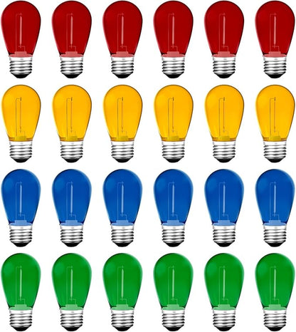 Meconard 24Pack S14 Colored LED String Light Bulbs,1Watt Plastic Shatterproof Waterproof Outdoor Indoor Replacement Bulbs for Home Decor, E26 Medium Base, Multi-Color: Red/Green/Blue/Orange