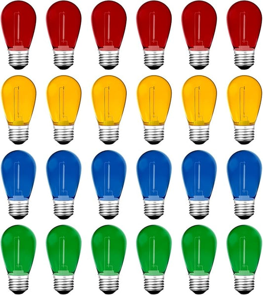 Meconard 24Pack S14 Colored LED String Light Bulbs,1Watt Plastic Shatterproof Waterproof Outdoor Indoor Replacement Bulbs for Home Decor, E26 Medium Base, Multi-Color: Red/Green/Blue/Orange