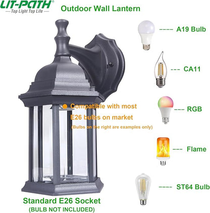 LIT-PaTH Outdoor Wall Lantern, Wall Sconce as Porch Lighting Fixture, E26 Medium Base Max 60W, Aluminum Housing Plus Glass, Matte Black Finish, 1-Pack