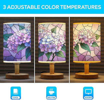 Hydrangea Table Lamp LED 3-Color Pressed Bedside, Hydrangea Shade Lamp with Wood Base for Bedroom Living Room Desk Office TL01