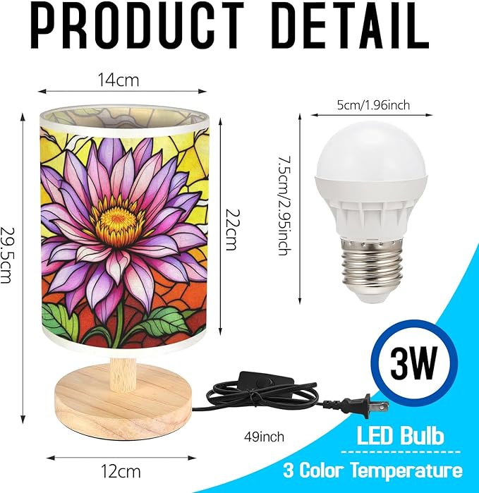 Aster Flower Table Lamp LED 3-Color Pressed Bedside, Aster Flower Shade Lamp with Wood Base for Bedroom Living Room Desk Office TL01
