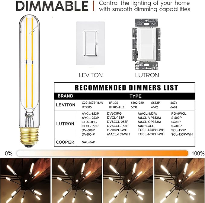 T10 Led Tubular Bulb,60 Watt Incandescent Bulb,6W T10 Dimmable Edison Led Long,3000K Soft White,600lm,E26 Medium Base Lamp,7.3in,4-Pack