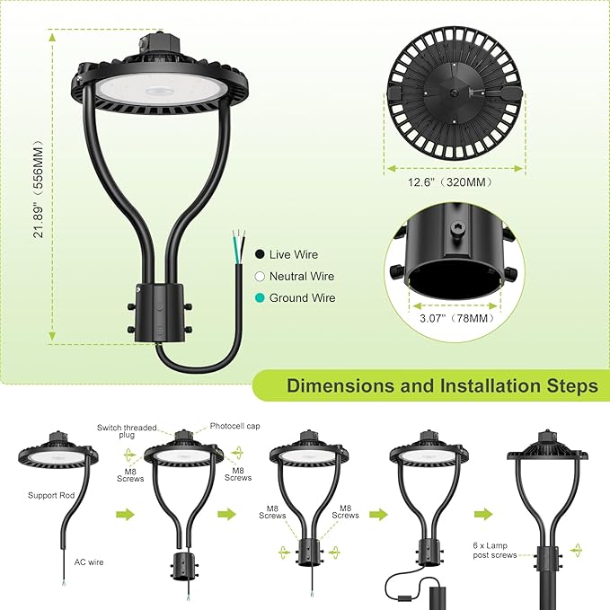 3 Pack LED Post Top Light, Selectable Wattage (60W/48W/36W) & Color Temperature (3000K/4000K/5000K), DLC & ETL Listed, 9000LM with Photocell, IP65 Waterproof for Yard and Street