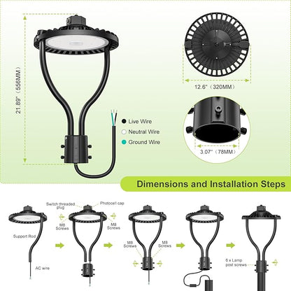 9 Pack LED Post Top Light, Selectable Wattage (80W/64W/48W) & Color Temperature (3000K/4000K/5000K), DLC & ETL Listed, 12000LM with Photocell, IP65 Waterproof for Yard and Street