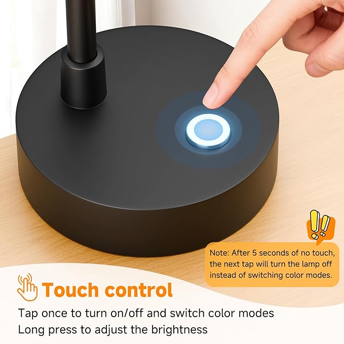 ShineTech Adjustable LED Eye-Caring Desk Lamp, Dimmable Stepless Brightness, 3 Color Modes, Touch Nightstand Lamp for Home Office, Study, Bedroom, Black