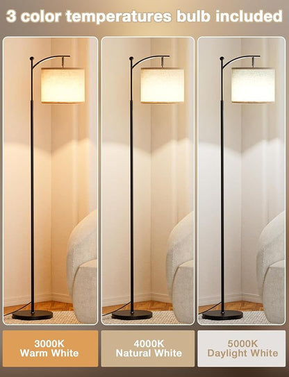 Ambimall Tall Floor Lamps with 3 Color Temperatures Bulb & Adjustable Linen Shade, for Living Room, Bedroom, Office, Classroom, Dorm Room (9W Bulb Included), Beige & Black, 60"