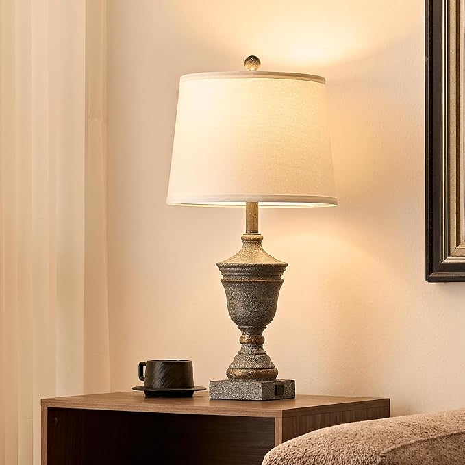 Retro Table Lamps Set of 2, 26.5'' Farmhouse Bedside Lamps with White Fabric Shades, Vintage Nightstand Lamps for Bedroom & Living Room, Bulbs Included
