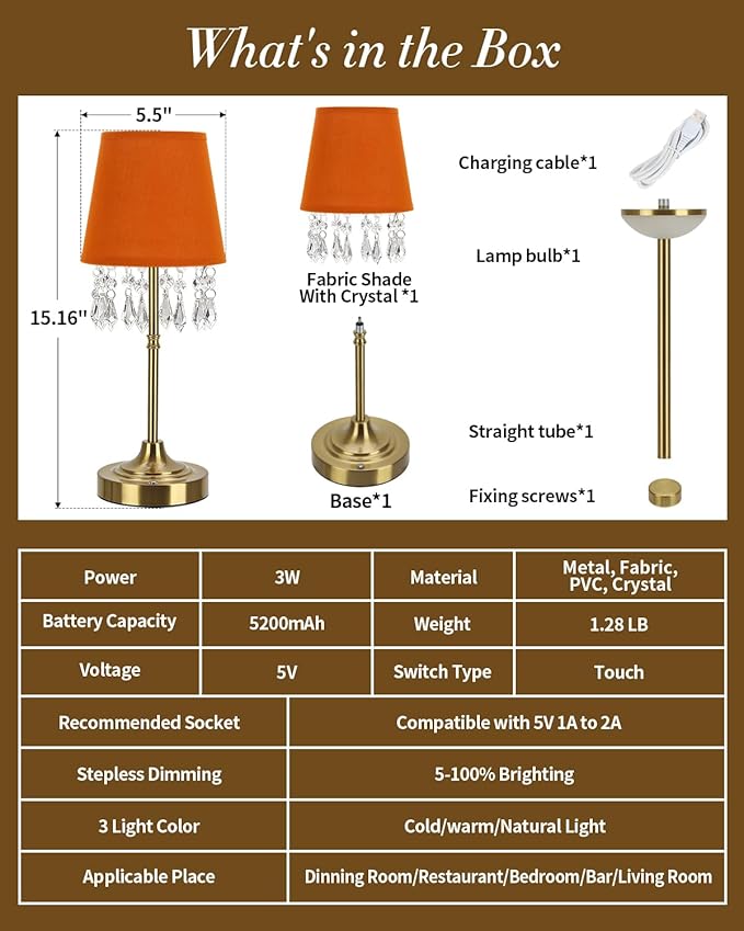 Cordless Table Lamp, 5200mAh LED Rechargeable Small Touch Lamp, 3 Colors Dimmable Battery Operated Lamp with Hanging Crystal Beads for Bedroom Restaurant Bar Home Decor, Gold