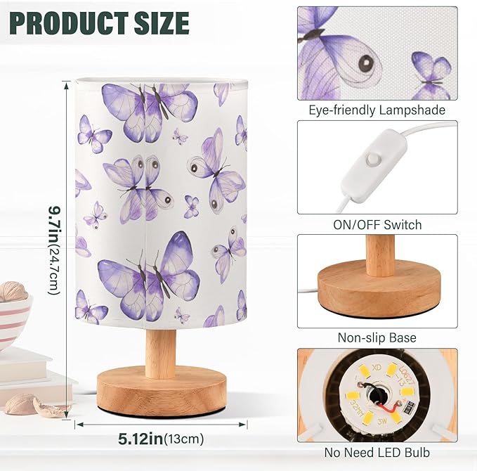 Bedside Lamp Purple Butterflies Table Lamp for Bedroom LED Nightstand Lamp Shade USB Ports Wood Base for Living Room Dorm Office