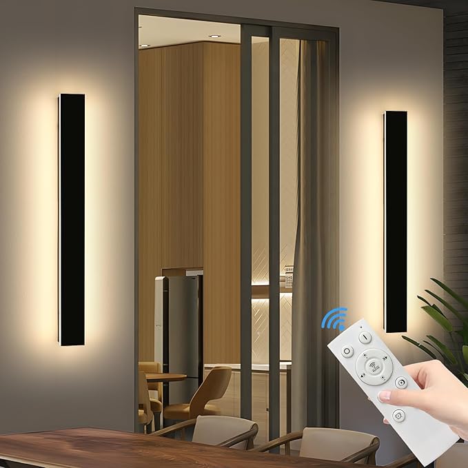 Mikeru 3CCT Dimmable Outdoor Wall Sconce 39.3" IP65 Waterproof - 2Pack Modern Black Exterior Light with Remote Control, Adjustable 3000K/4500K/6000K for Porch, Patio & Commercial Spaces | Hardwired