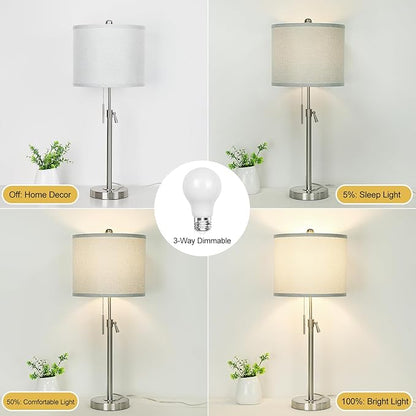 Table Lamps for Bedrooms Set of 2, 22" to 30" Height Adjustable Nightstand Lamps with Linen Shade, Pull Chain Switch Lamps for Living Room, 3 Way Dimmable Beside Lamp