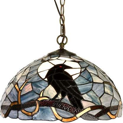 Bieye S10954 Raven Sitting on Bare Tree Tranch Against Full Moon Tiffany Style Stained Glass Lampshade (Dark Blue, 16Wx9H)