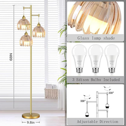 Gold Floor Lamp for Living Room,Bedroom,Tree 3 Light Standing Lamp Mid Century Modern Brass Tall Floor Lamps Vintage Retro Floor Lights Glass Flower Amber Lamp Shade Farmhouse Boho Bohemian