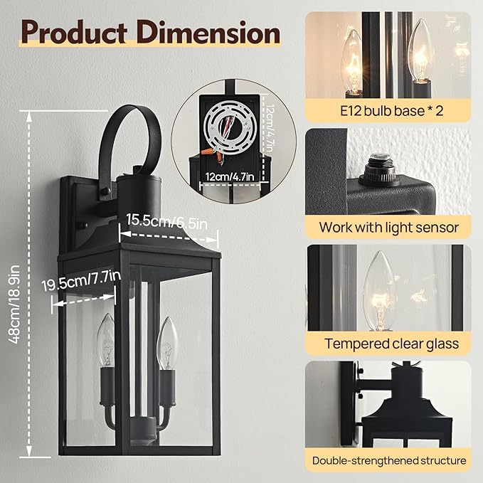 18.9" Black Dusk to Dawn Outdoor Lighting, 2-Light Industrial Porch Light with Clear Glass, Waterproof Farmhouse Outside Light Fixture Wall Mount for Porch, Patio, Garage (1 Pack)