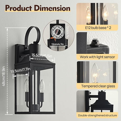 18.9" Black Dusk to Dawn Outdoor Lighting, 2-Light Industrial Porch Light with Clear Glass, Waterproof Farmhouse Outside Light Fixture Wall Mount for Porch, Patio, Garage (1 Pack)