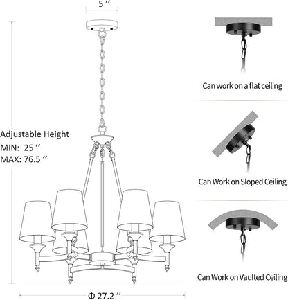 Black Chandeliers for Dining Room Light Fixtures Over Table, 6-Light Modern Farmhouse Round Chandelier with Linen Shades, Vintage Hanging Pendant Lighting for Kitchen Bedroom Living Room