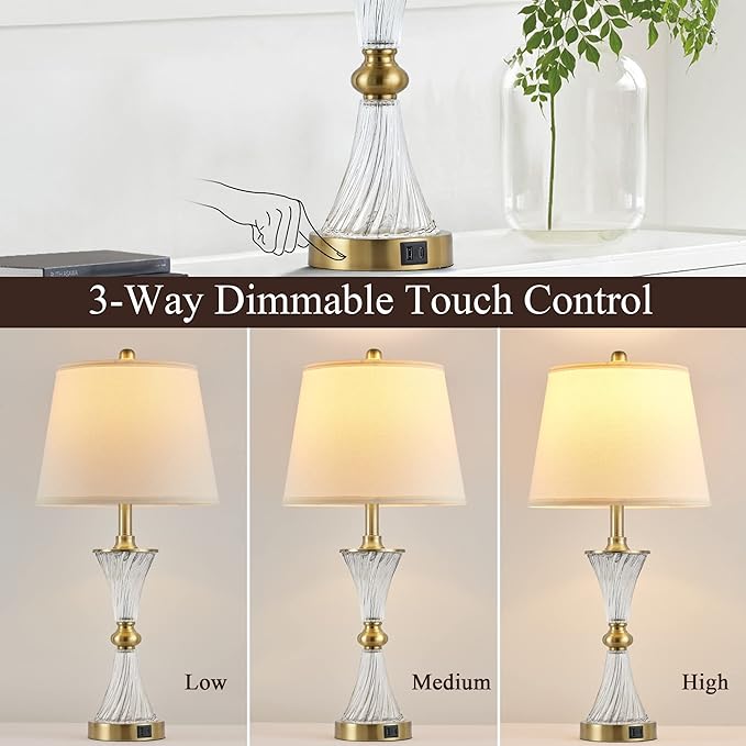 27" Bedroom Lamps Set of 2, Gold Glass Touch Lamps with USB C+A Ports, 3-Way Dimmable Light Fixture for Nightstand, Modern Table Side Lighting for Living Room, 2 Bulbs Included