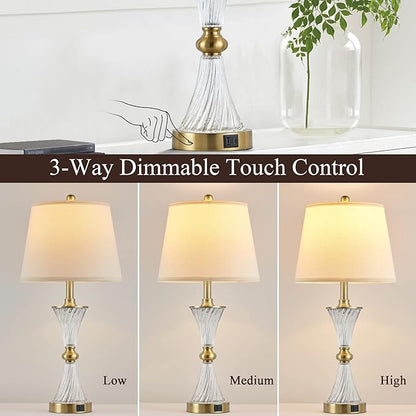 27" Bedroom Lamps Set of 2, Gold Glass Touch Lamps with USB C+A Ports, 3-Way Dimmable Light Fixture for Nightstand, Modern Table Side Lighting for Living Room, 2 Bulbs Included