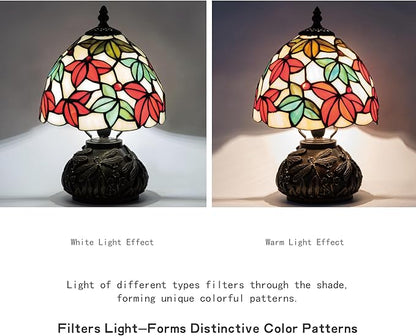 Tiffany Style Stained Glass Mushroom Table Lamp 8" White Red Green Maple Leaf Floral Shade Nightstand Light for Bedroom Dorm Living Coffee Office Housewarming Gift (White Maple Leaf)