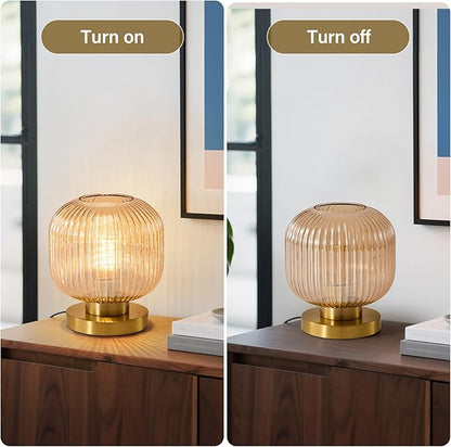 Small Amber Glass Table Lamp: Mid Century Modern Dimmable Nightstand Lamps - Vintage Decor Brass Desk Lamp With Plug - Ribbed Glass Bedside Tables Lamps for Bedroom Living Room Office Bulb Excluded