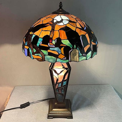 Bieye L10987 Ravens in Spooky Cemetery Tiffany-Style Stained Glass Table Lamp with Coffin Base Night Light - Gothic Graveyard Scene (Dark Orange, 16Wx26H inch)