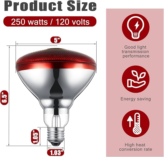 VIHOSE 12 Pack Infrared Heat Lamp for Chickens 250watt 120v Thickened Red Heat Lamp Bulbs for Food Service, Reptile, Pet, Bathroom, Light Therapy Use E26 Base