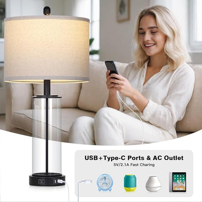 26" Black Glass Table Lamp for Living Room Single, 3-Way Dimmable Bedside Lamps with USB C+A Ports & AC Outlet, Modern Touch Control Bedroom Lamp for Nightstand Side End Table (Bulb Included)