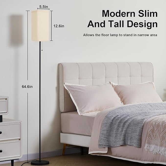 Floor Lamps for Living Room Bedroom - 3 Color Temperature Black Floor Lamp Set of 2, Modern Standing Lamps with Pull Chain Switch Beige Shade, Tall Lamp for Corner Office(2 Pack)