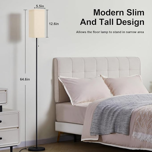 Floor Lamps for Living Room Bedroom - 3 Color Temperature Black Floor Lamp Set of 2, Modern Standing Lamps with Pull Chain Switch Beige Shade, Tall Lamp for Corner Office(2 Pack)