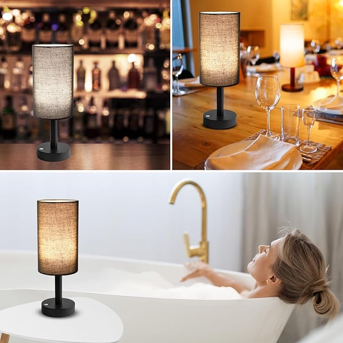 Small Table Lamp Nightstand Lamp Linen Lampshade Bedroom Wood Base Small Bedside Lamp for Night Stands, Desk Lamps for Reading Living Room, Office (LED Bulb Included) (Black and Cordless)
