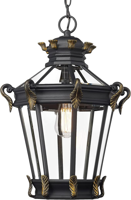Emliviar Vintage Outdoor Pendant Light, 20 Inch Large Exterior Hanging Porch Light with Clear Glass, Die-Cast Aluminum in Black Finish, XE267H BG