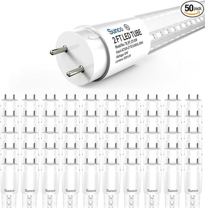 Sunco 50 Pack 2ft LED T8 Frosted Glass Tube for Replacement Fluorescent Commercial Work Office Hallway Warehouse, Type B, 10W 1200 Lumens, 5000K Daylight, Non-Dimmable, 100-277V, 50,000 Hour Lifetime