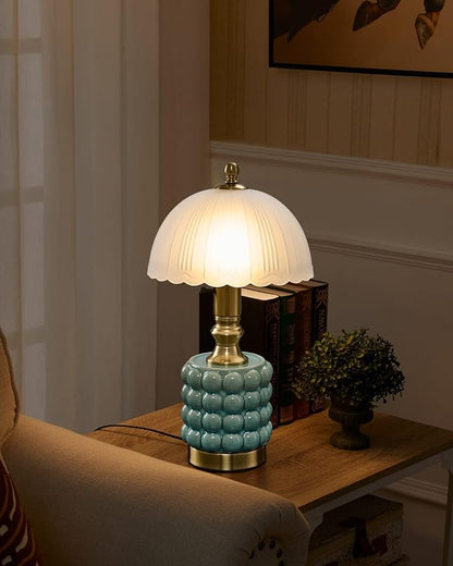 Vintage Lamp for Bedroom,Unique Lamps Cracked Ceramic lamp,UL Rotary Switch Control Glass lamp Shade,Small Table lamp for Living Room Decor Kitchen Lighting (Blue +Glass)