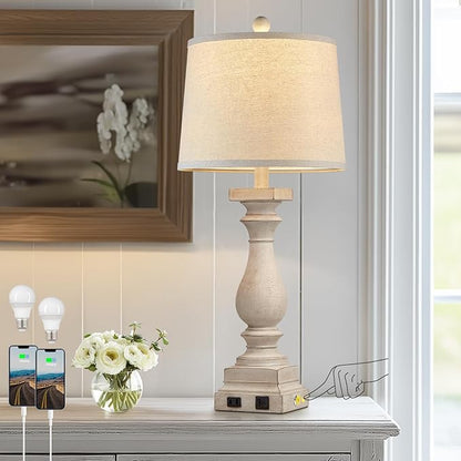 28" Tall Farmhouse Table Lamps with USB C+A Ports and AC Outlet, 3 Way Touch Control Rustic Bedside Lamps for Bedroom, Beige Vintage Nightstand Lamps for Living Room Office