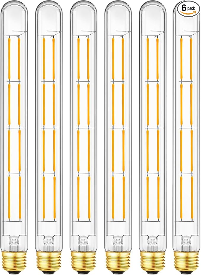 LED Tubular Light Bulbs,E26 Dimmable Long Led Bulbs,10W Equal 100 Watt, 2700K Warm White,11.8in Led Edison Tube Bulb,T10 Clear Glass Cover,6Pack.