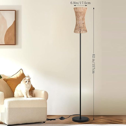 Floor Lamp for Living Room,Farmhouse Floor lamp,Modern Standing lamp with Hand-Worked Rattan Shade (Slim Waist Rattan Shade-3 Color Bulb)