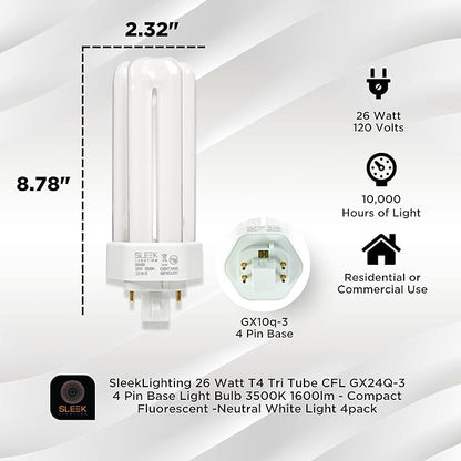SLEEKLIGHTING 26 Watt T4 Tri Tube CFL 4 Pin GX24Q-3 Base Light Bulb 3500K 1600lm - Compact Fluorescent -Neutral White Light 4pack