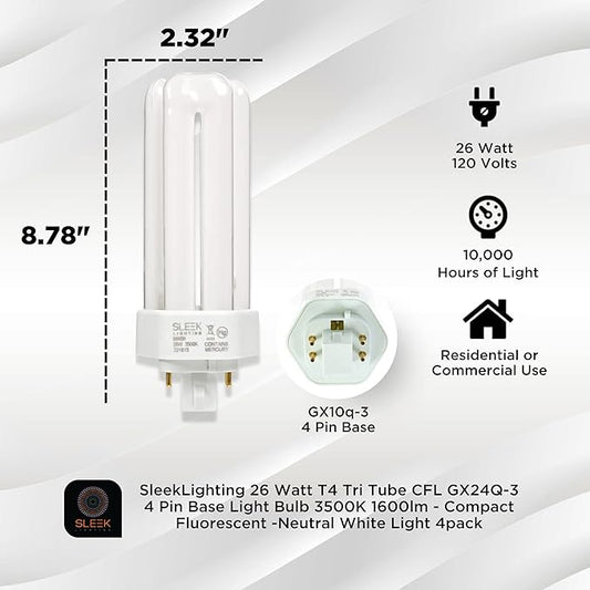 SLEEKLIGHTING 26 Watt T4 Tri Tube CFL 4 Pin GX24Q-3 Base Light Bulb 3500K 1600lm - Compact Fluorescent -Neutral White Light 4pack