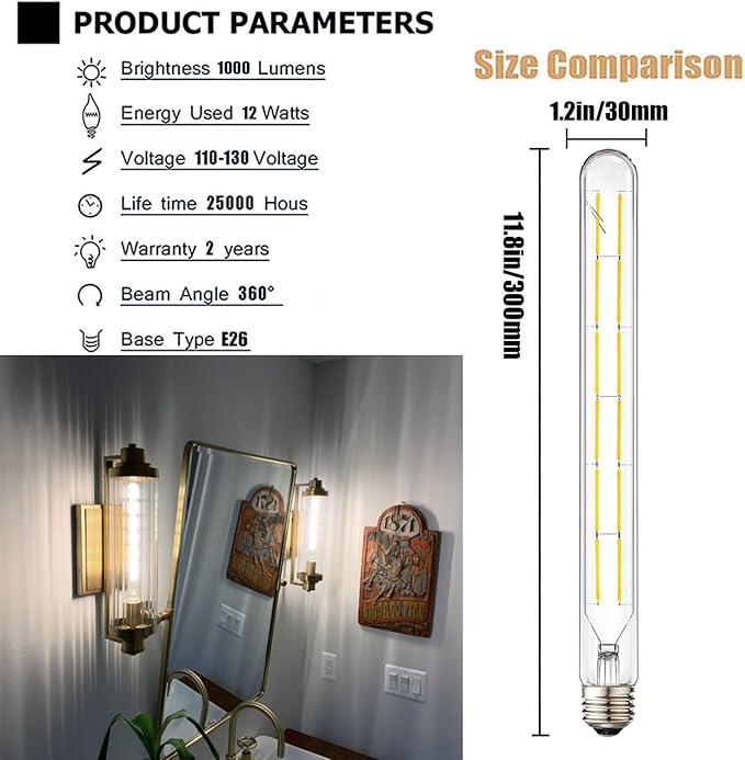 Leools T300 Dimmable Led Tubular Bulb 12W,Long Tube Edison Led Vintage Filament Bulb,100W Equivalent,4000K Daylight White,Cover E26 Medium Base,11.8inch,4pcs