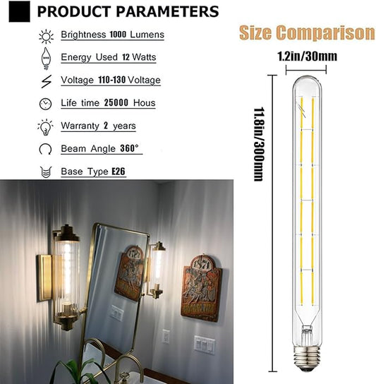 Leools T300 Dimmable Led Tubular Bulb 12W,Long Tube Edison Led Vintage Filament Bulb,100W Equivalent,4000K Daylight White,Cover E26 Medium Base,11.8inch,4pcs