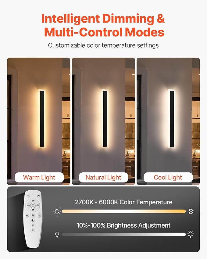 VEVOR Outdoor Wall Lights, 2 Pack, 23.6 Inch Long Strip Modern Exterior Wall Sconce Light Fixtures, 2700K-6000K, IP65 Waterproof Anti-Rust, Dimmable Outside Wall Mount Lighting, for House Porch Garage