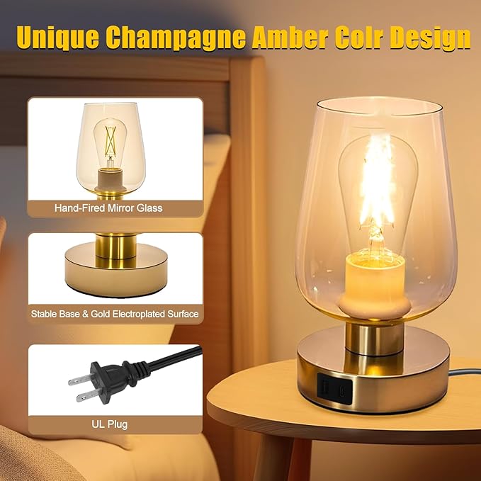 Touch Bedside Table Lamp with Glass Shade, Gold Modern Small Lamp for Bedroom Living Room Nightstand, 3 Way Dimmable Desk Lamp with USB C+A+AC Outlet Charging Ports, 800LM LED Bulb Included