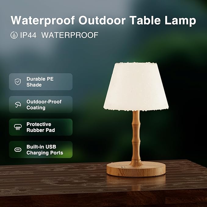 Desk Lamp Cordless Table Shower Lamp Waterproof,Rechargeable Battery Operated Lamps for Bedroom Night Stands,3 Colors Touch Dimmable Small Outdoor Lamps,4000mAh LED Wood Grain
