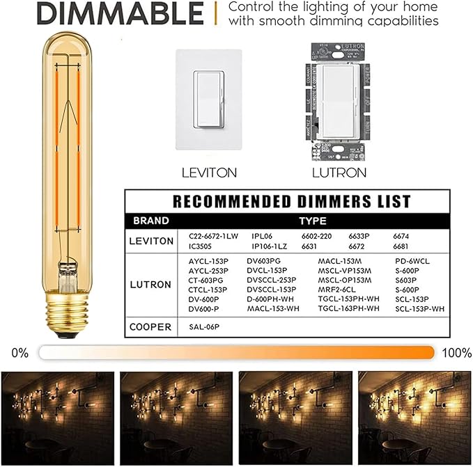 Leools Amber T10 LED Bulb 8W Equal E26 Edison Bulb 60 Watt AC120V Dimmable 7.3inch Tubular Light Bulb Warm White 2700K 600lm E26 LED Bulb for Rustic Pendant,Wall sconces E26 Light Bulbs 6Pack