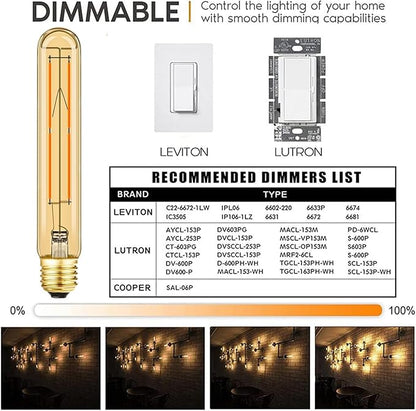 Leools Amber T10 LED Bulb 8W Equal E26 Edison Bulb 60 Watt AC120V Dimmable 7.3inch Tubular Light Bulb Warm White 2700K 600lm E26 LED Bulb for Rustic Pendant,Wall sconces E26 Light Bulbs 6Pack