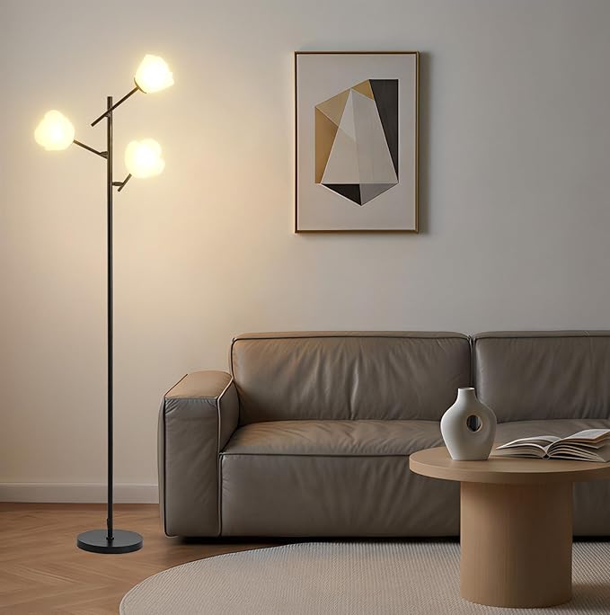Fiqevs Tree Floor Lamp for Living Room, 3 Head Flower Standing Lamp with Adjustable Lampshade, Bulbs Included, Black LED Sputnik Mid Century Modern Tall Reading Lamp for Bedroom, Office
